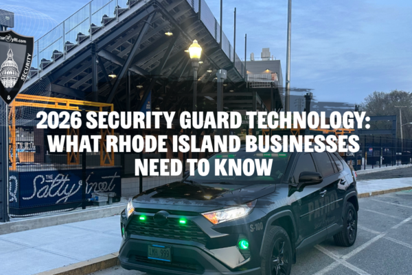 Modern security guard using AI-powered surveillance technology and real-time reporting systems in Rhode Island