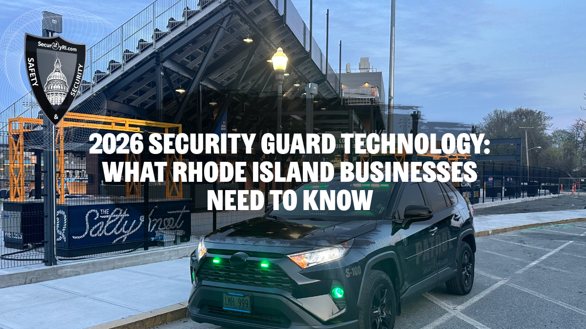 Modern security guard using AI-powered surveillance technology and real-time reporting systems in Rhode Island