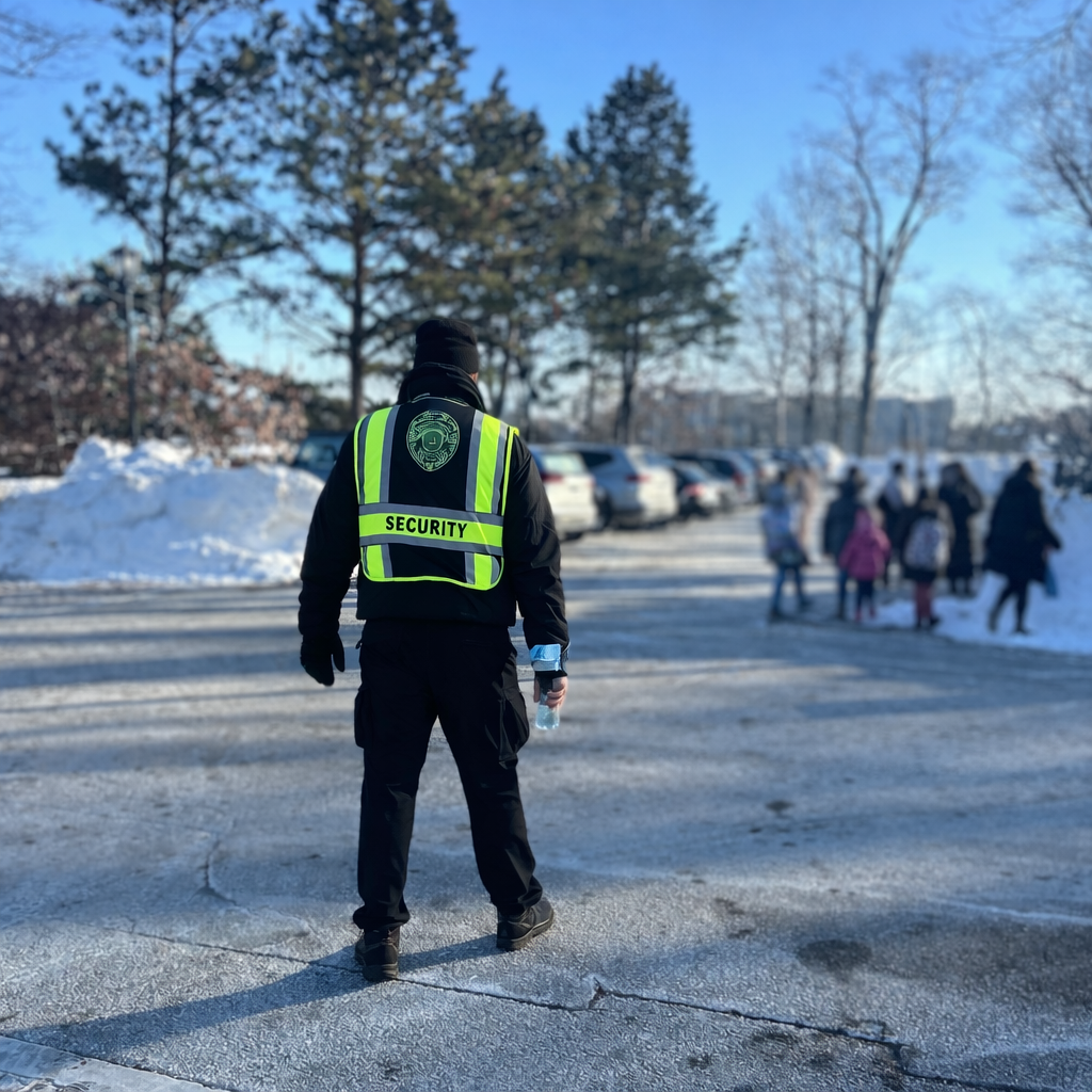Professional school security officer conducting verified campus patrol at Rhode Island K-12 school