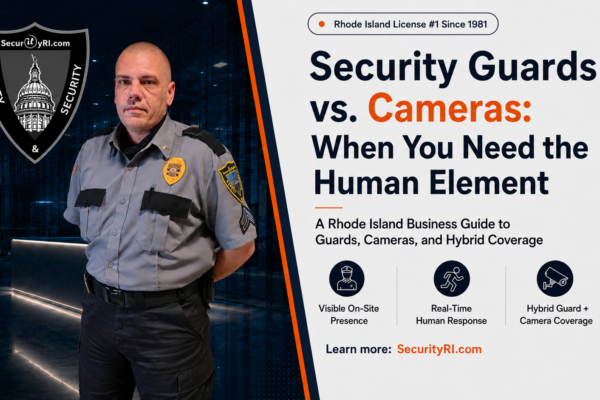 SecurityRI security officer representing the human element in a comparison of security guards and cameras for Rhode Island businesses, including on-site presence, real-time response, and hybrid guard and camera coverage.
