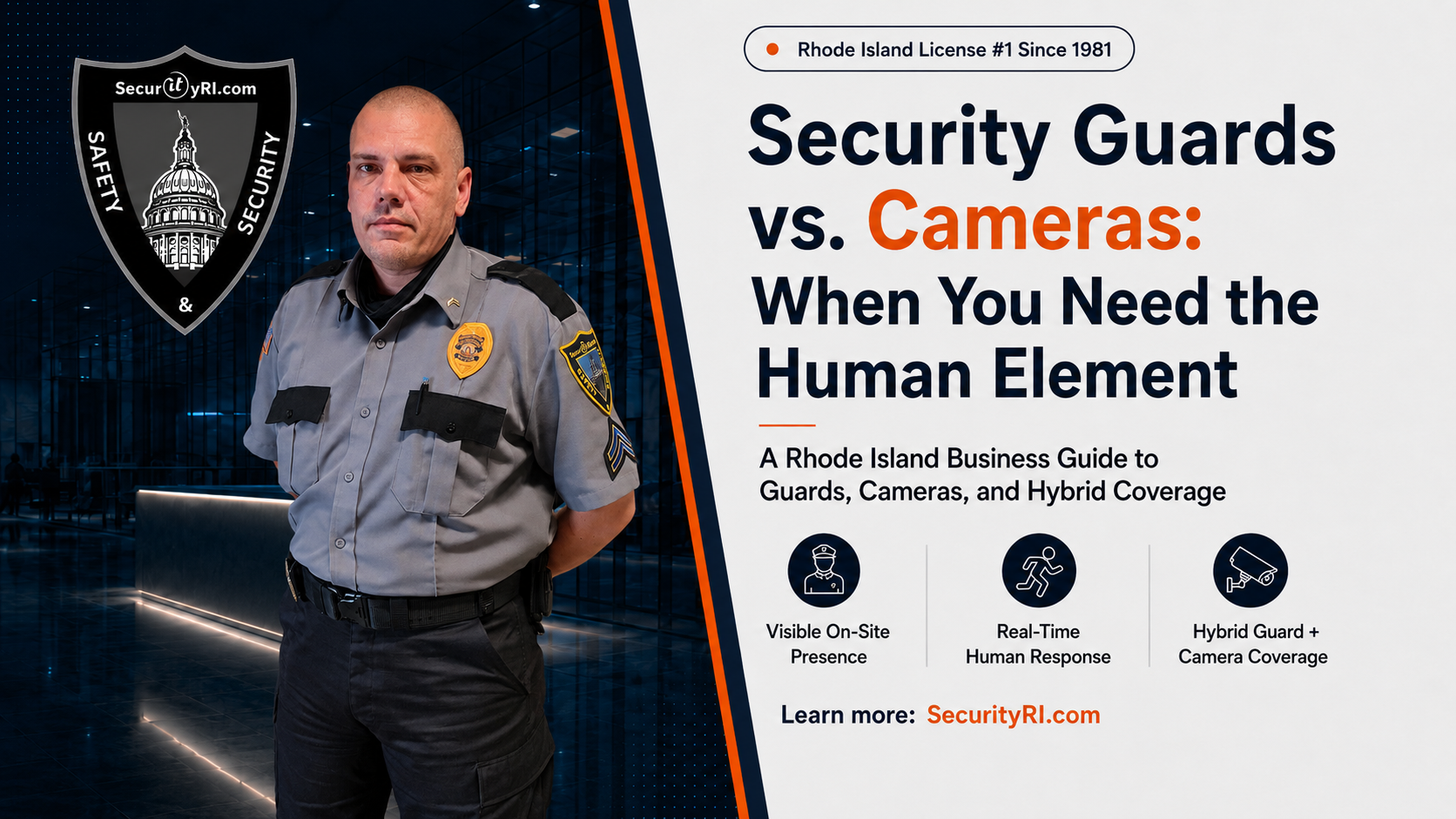 SecurityRI security officer representing the human element in a comparison of security guards and cameras for Rhode Island businesses, including on-site presence, real-time response, and hybrid guard and camera coverage.